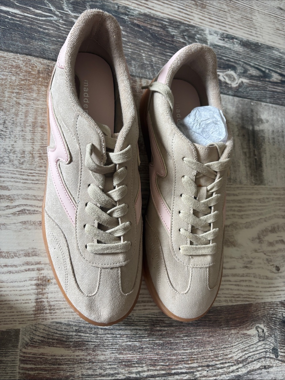 Madden Girl Beige Suede Sneakers with Pink Trim